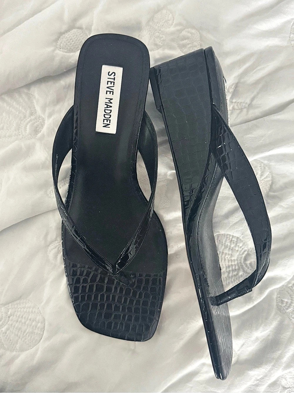 Steve Madden Black Crocodile-Texture Heeled Sandals